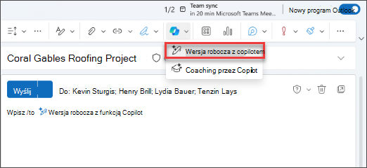 Opcja menu rozwijanego Wersja robocza z funkcją Copilot w nowym programie Outlook
