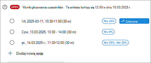 Widok organizatorów ankiety planowania z opcjami edycji