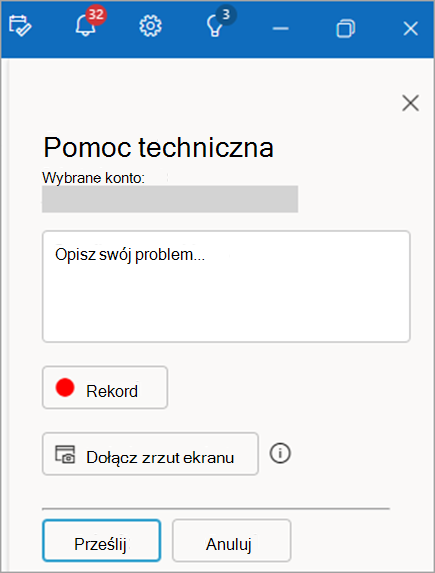 Zrzut ekranu przedstawiający okienko kontaktów z pomocą techniczną z wyświetlonym obszarem zawierającym opis problemu