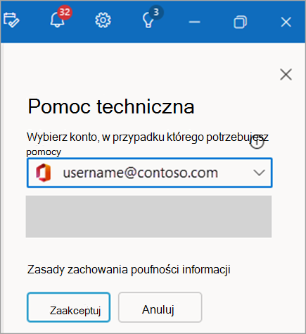 Zrzut ekranu przedstawiający kontakt z pomocą techniczną