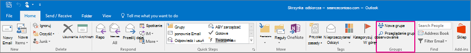 Opcje obszaru Grupy na głównej wstążce programu Outlook