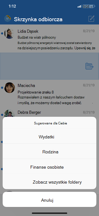 Przedstawia skrzynkę odbiorczą z listą opcji folderów oraz opcję do wyświetlania wszystkich folderów.