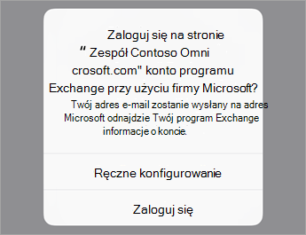 Naciśnij pozycję Zaloguj się, jeśli korzystasz z usługi O365, lub naciśnij pozycję Konfiguruj ręcznie, jeśli masz ustawienia serwera organizacji.