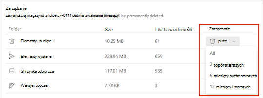 Ustawienia pamięci dla Outlook.com.