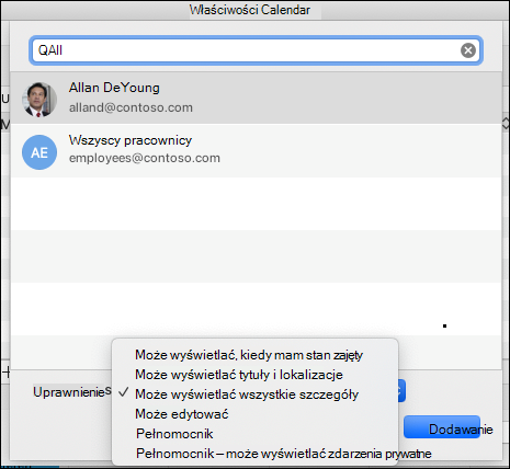 Ustawienia delegowania dla danego adresu e-mail.