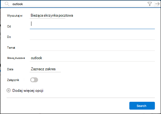 Menu filtrów wyszukiwania.