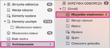 Widok list folderów programu Exchange i usługi Gmail obok siebie z wyróżnionymi folderami archiwum