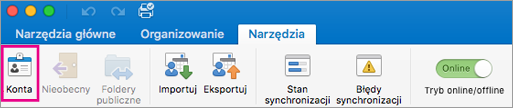 Przycisk Konta na karcie Narzędzia