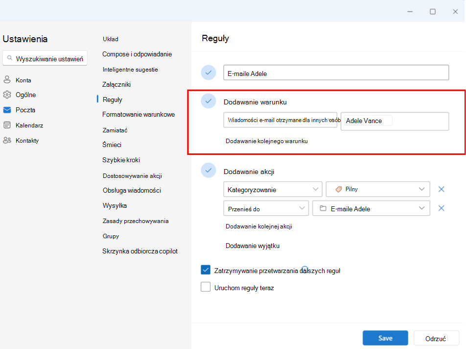 Zrzut ekranu przedstawiający konfigurowanie Email otrzymanego dla innych użytkowników konta kadry kierowniczej