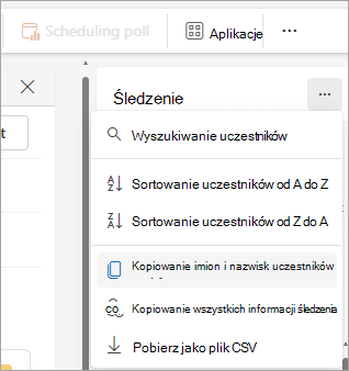 Zrzut ekranu przedstawiający okienko Śledzenie w nowym programie Outlook z opcjami listy rozwijanej w celu skopiowania listy uczestników