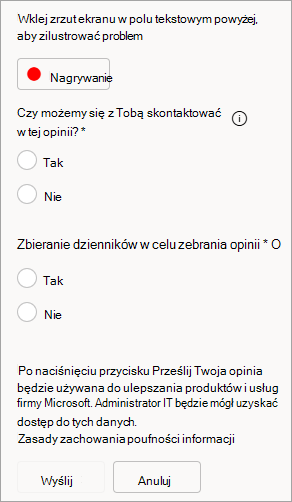Zrzut ekranu przedstawiający opcję zezwalania na kontakt i wysyłania dzienników podczas przesyłania opinii