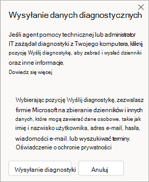 Zrzut ekranu przedstawiający okno pokazujące, jak wysyłać dane diagnostyczne podczas rozmowy z agentem