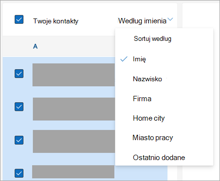 Zrzut ekranu przedstawiający opcje sortowania kontaktów