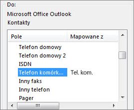 Wartość Tel. kom. zamapowana na pole Telefon komórkowy programu Outlook