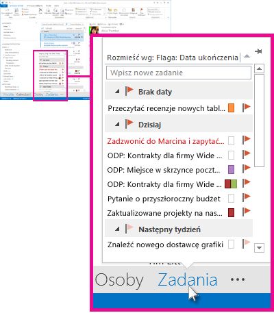 Wgląd do Zadań na pasku nawigacyjnym