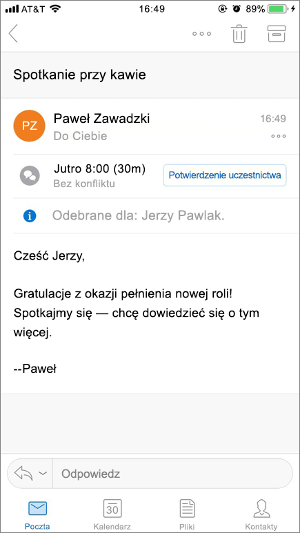 Zrzut ekranu przedstawiający ekran urządzenia przenośnego z elementem poczty.