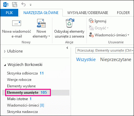 Kliknij pozycję Elementy usunięte na liście folderów
