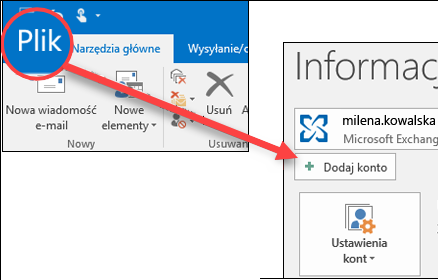 Wybierz pozycję Plik, a następnie pozycję Dodaj konto.