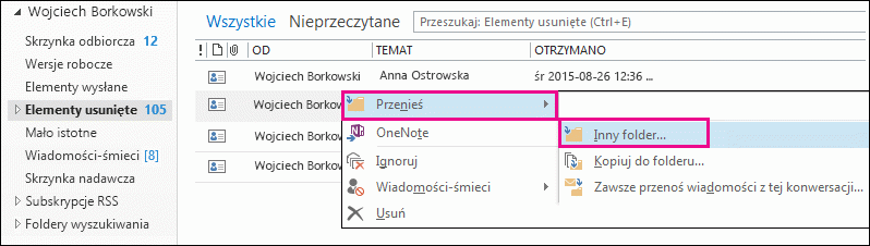 Kliknij pozycję Przenieś, a następnie kliknij pozycję Inny folder
