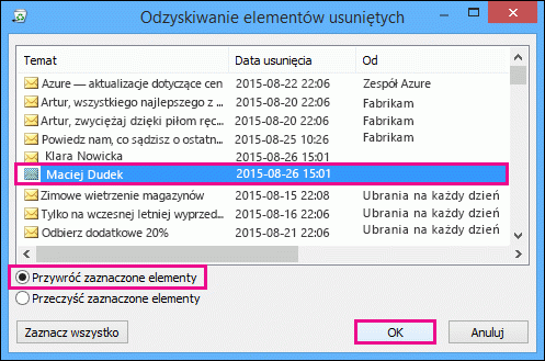 Wybierz kontakt do przywrócenia i kliknij przycisk OK