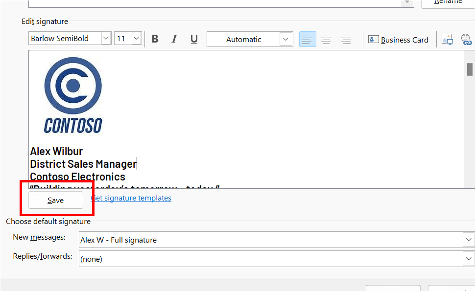 Edytor podpisu w programie Outlook z wyróżnionym przyciskiem Zapisz.