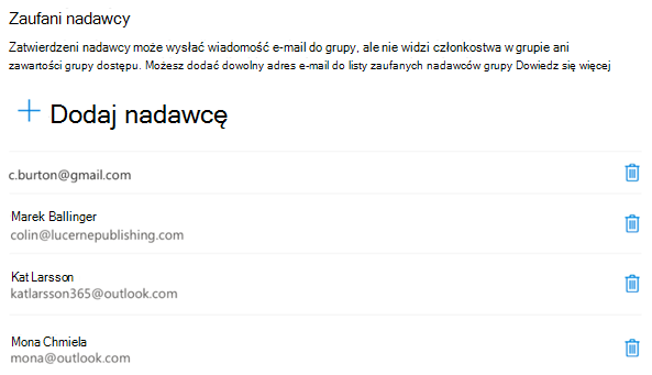W dowolnym momencie możesz dodać lub usunąć nadawców.