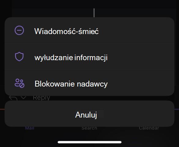 Podmenu Wiadomości-śmieci dla aplikacji Outlook Mobile