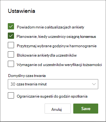 Różne opcje ustawień dostępne dla organizatorów ankiet planowania.