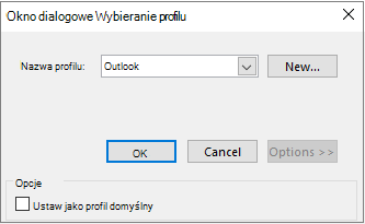 Akceptowanie domyślnego ustawienia programu Outlook w oknie dialogowym Wybieranie profilu
