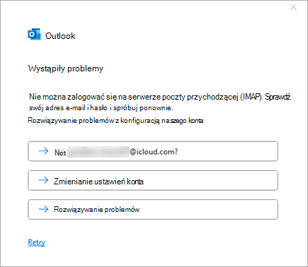 Zrzut ekranu przedstawiający komunikat o błędzie Wystąpił problem podczas dodawania konta usługi iCloud