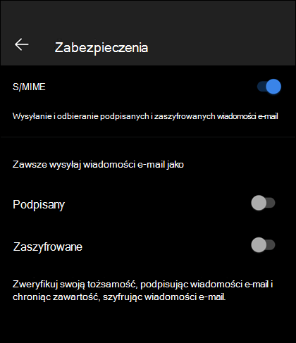 Ekran zabezpieczeń w aplikacji Outlook Mobile z włączonymi funkcjami S/MIME oraz dostępnymi opcjami Podpisane i Zaszyfrowane.