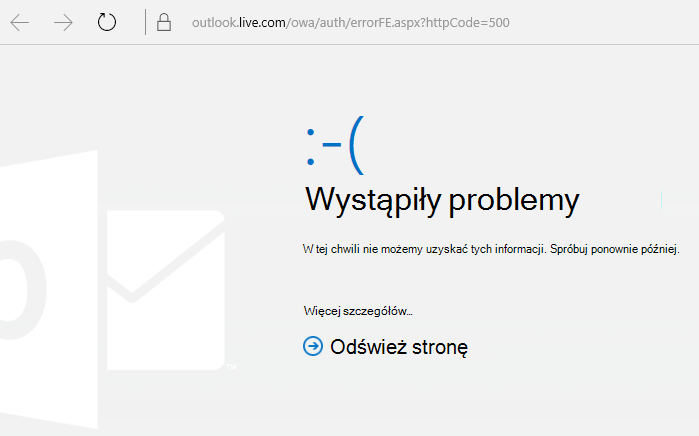 Outlook.com Wystąpił problem z kodem błędu 500