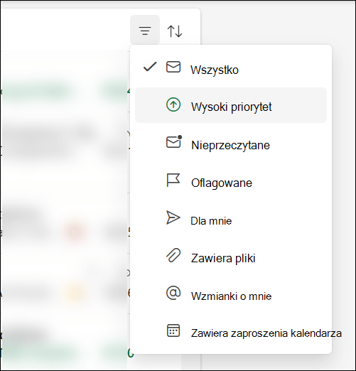Menu filtru wiadomości w programie Outlook pokazujące, że wysoki priorytet jest opcją.