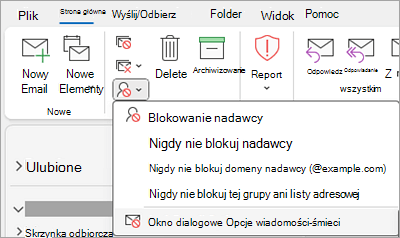 Zrzut ekranu przedstawiający listę rozwijaną Blokuj nadawcę z zaznaczonymi opcjami wiadomości-śmieci