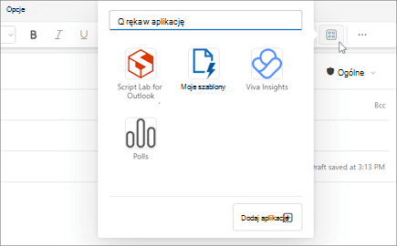 Menu wysuwane Aplikacje ze wstążki wiadomości redagowanej w Outlook w sieci Web i w nowym programie Outlook dla systemu Windows.