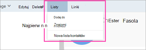 Zrzut ekranu przedstawiający przycisk Listy