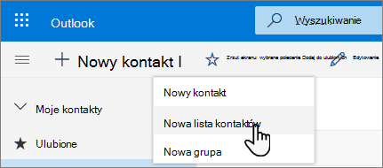 Zrzut ekranu przedstawiający menu Nowy kontakt z wybraną pozycją Nowa lista kontaktów