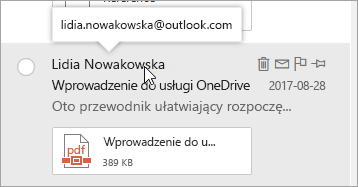 Zrzut ekranu przedstawiający kursor umieszczony na nazwie nadawcy