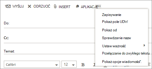 Zrzut ekranu przedstawiający opcje dostępne za pomocą polecenia Więcej na pasku narzędzi wiadomości e-mail.