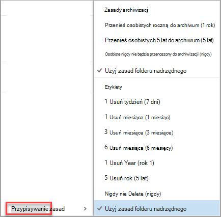Kliknij prawym przyciskiem myszy wiadomość, aby wyświetlić opcje przypisywania zasad