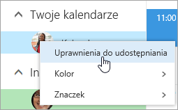 Zrzut ekranu przedstawiający menu kontekstowe kalendarza z obszaru Twoje kalendarze z wybraną pozycją Uprawnienia do udostępniania.