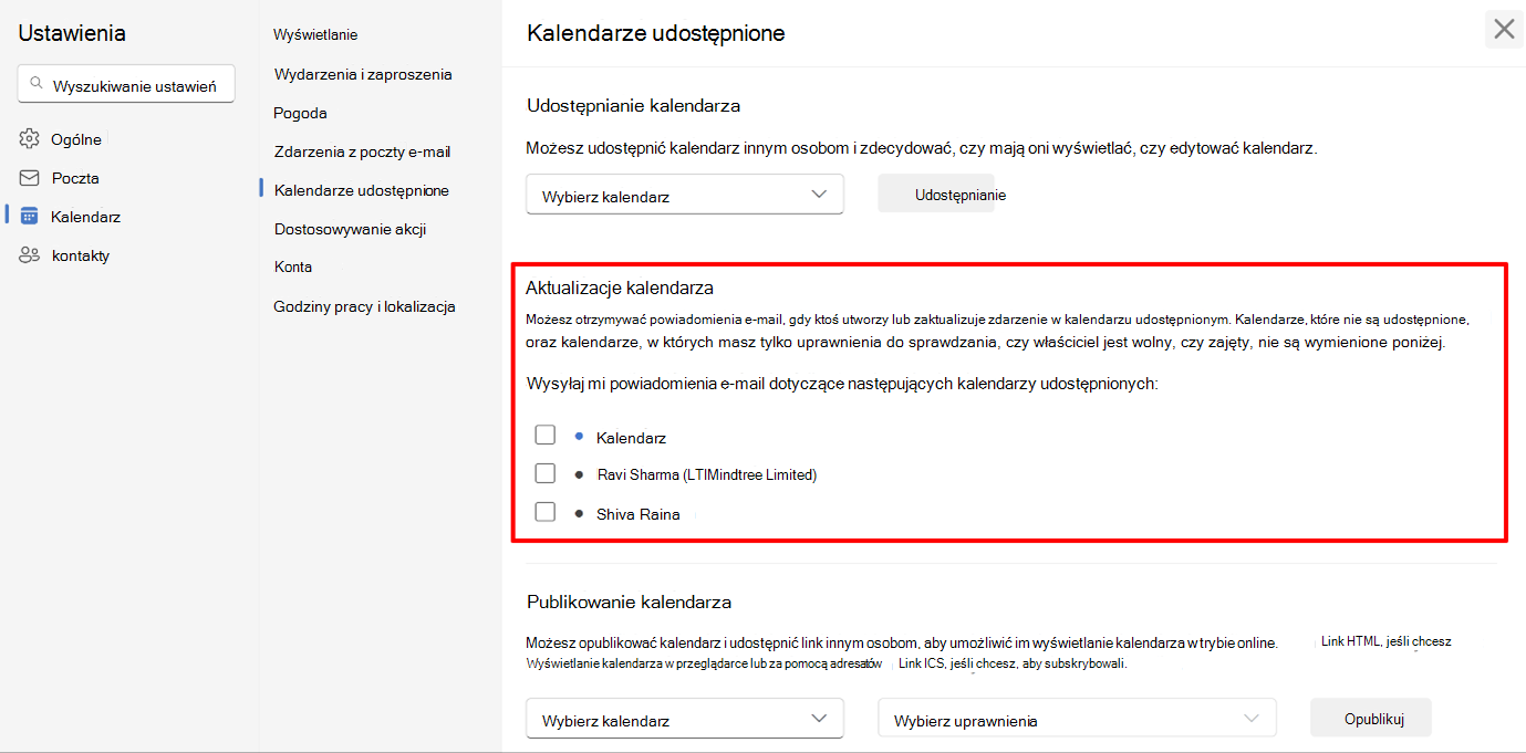 Zrzut ekranu przedstawiający użytkowników, którzy wybierają powiadomienia kalendarza