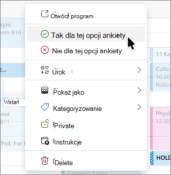 Menu wyświetlane po kliknięciu prawym przyciskiem myszy w archiwum ankiety planowania z opcjami głosowania