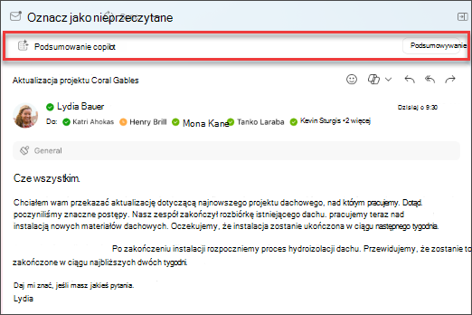 Wybierz pozycję podsumowania w funkcji Copilot, aby utworzyć podsumowanie wątku wiadomości e-mail.