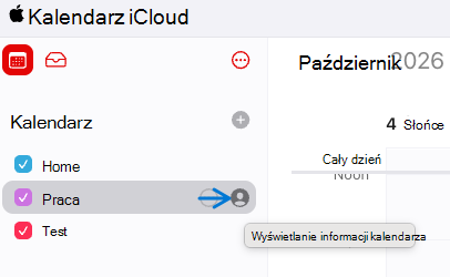Zawiera zrzut ekranu lub opcje dotyczące udostępniania kalendarza z kalendarza internetowego usługi iCloud.