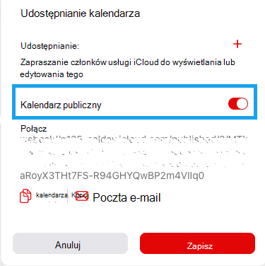 Pokazuje okno przycisku przełącznika Kalendarz publiczny w witrynie internetowej kalendarza iCloud.