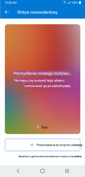 Ekran przedstawiający motyw generowany przez funkcję Copilot w aplikacji Outlook Mobile