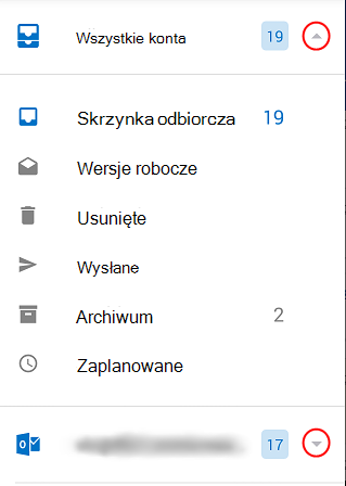 Wyświetla foldery programu Outlook za pomocą rozwijanych strzałek zaznaczonych kółkiem z prawej strony ekranu.
