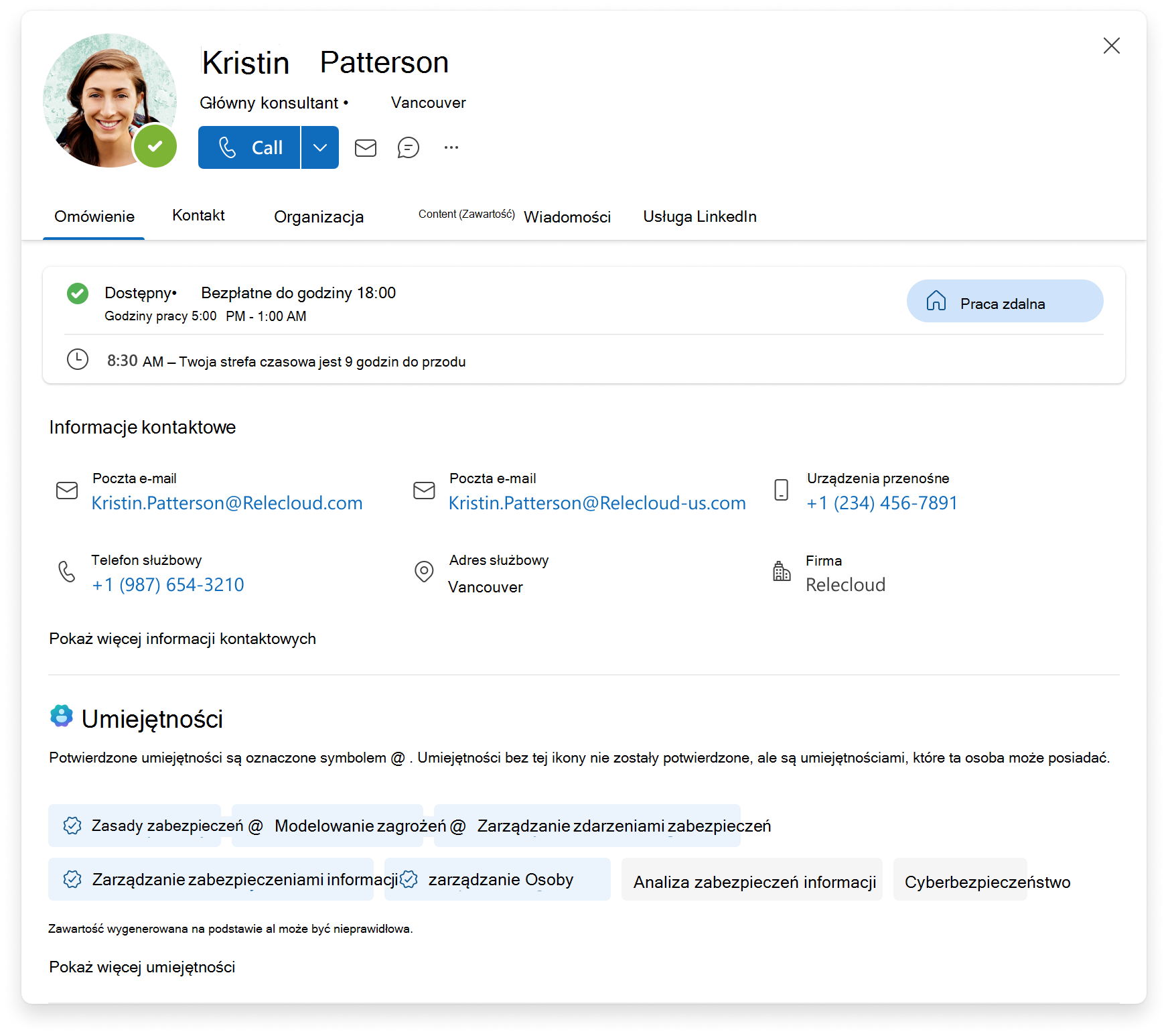 Zrzut ekranu przedstawiający kartę profilu platformy Microsoft 365, która zawiera omówienie, informacje kontaktowe oraz listę potwierdzonych i niepotwierdzonych umiejętności