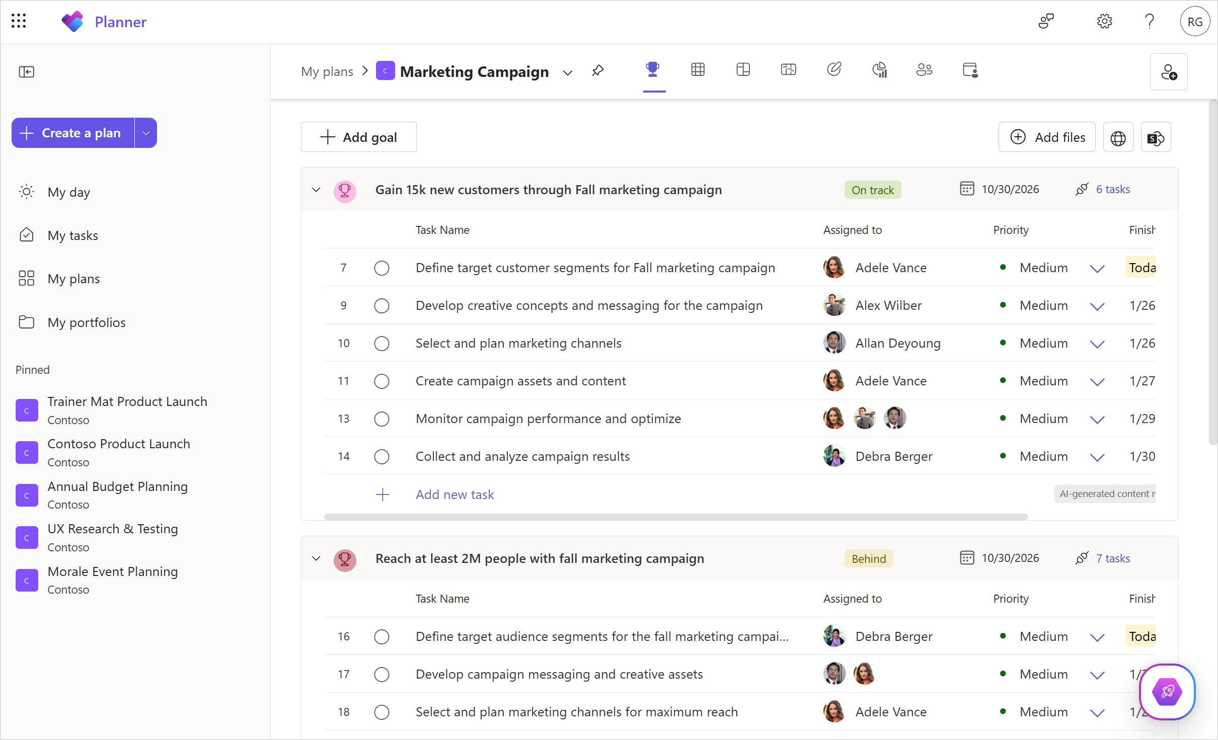 Zrzut ekranu aplikacji Planner dla sieci Web przedstawia widok Cele z dwoma celami i listą zadań powiązanych umożliwiających realizację tych celów.